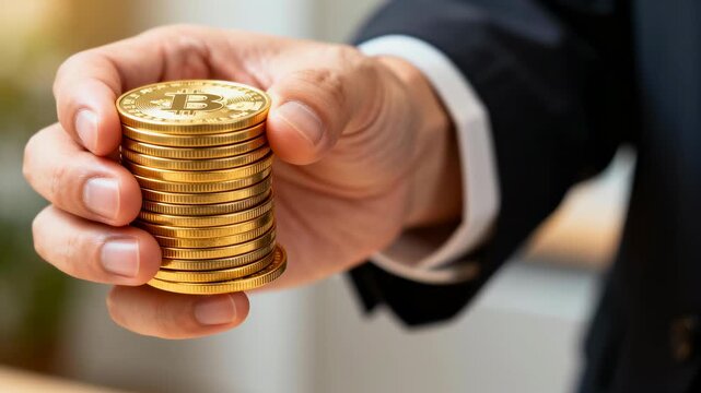 Businessman hand holding stack of gold cryptocurrency coins showing financial investment confidence and digital currency symbol representing secure