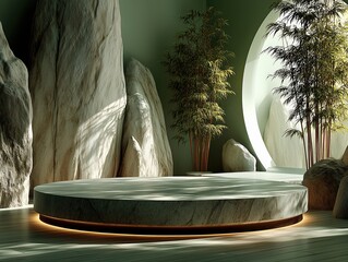 Minimalist Circular Display Podium with White Rock Texture in New Chinese Zen Scene, Green Bamboo and Soft Background with Natural Light