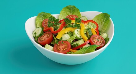 Fresh garden vegetables form a vibrant mixed salad presented in a white bowl against a blue background