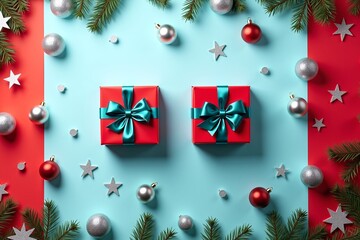 Two pink gifts with teal bows, surrounded by pine branches, stars, and ornaments on a festive red-blue background.