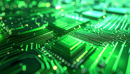 Cybernetic Circuitry: Intricate patterns of circuits and microchips are illuminated by vibrant green light, representing the complex systems of the digital age.