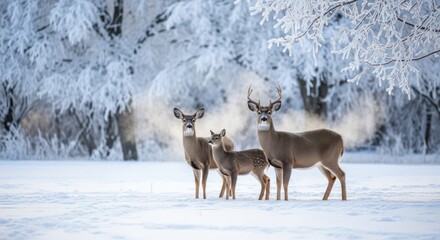 Obraz premium Whitetail Deer Family (Buck, Doe, Fawn) in a Serene, Frost-Covered Winter Landscape with Snow, Icy Branches, and Visible Misty Breath