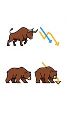 Obraz premium Illustrative comparison shows a charging bovine animal opposing downward trending arrows next to two foraging terrestrial carnivores with one indicating a descent