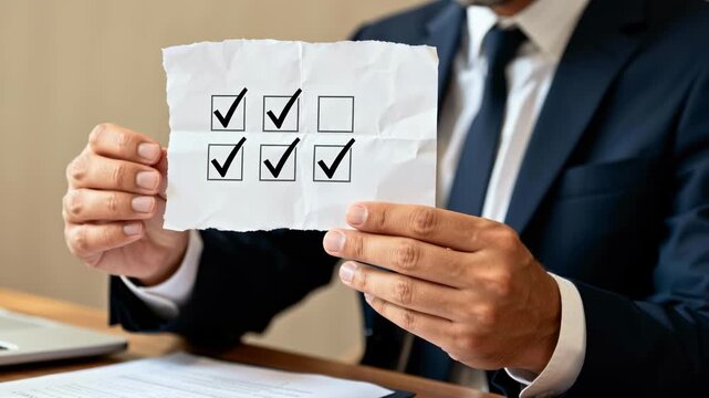 Businessman suit holding paper checklist with hand tick mark, checked task list showing five marks and one missing box, confident decision making