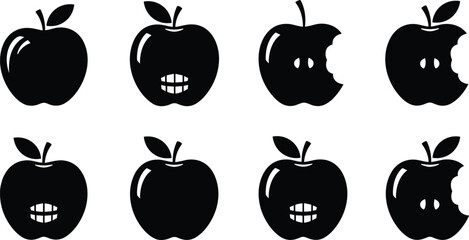 Apple silhouette evolution, bitten fruit stages, cartoon apple faces, humorous vector concept, black apple icons, minimal design, cad drawing flat vector illustration