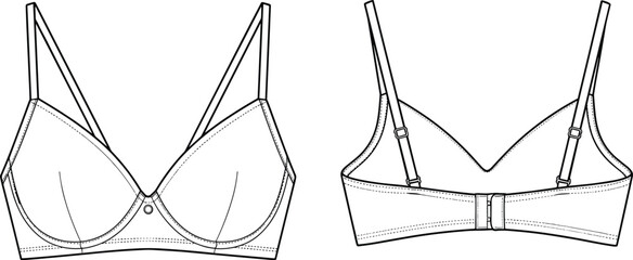 Bra technical drawing, lingerie vector sketch, fashion flat design, garment construction detail, sewing pattern, cad drawing flat vector illustration
