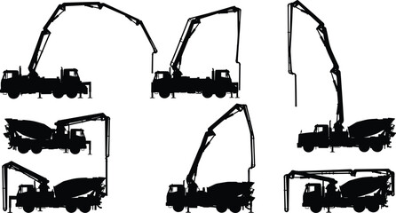 Concrete pump truck silhouette, construction machinery vector, boom arm positions, heavy equipment illustration, CAD drawing, flat vector, engineering graphic