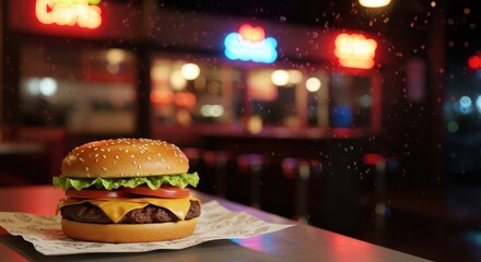 Delicious cheeseburger rests on paper wrapper against a blurry background of brightly lit establishments at night