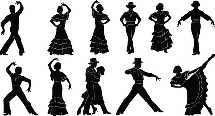 Dance silhouette vector, flamenco pose illustration, traditional costume dancers, Latin movement art, black figures, cad drawing flat vector illustration