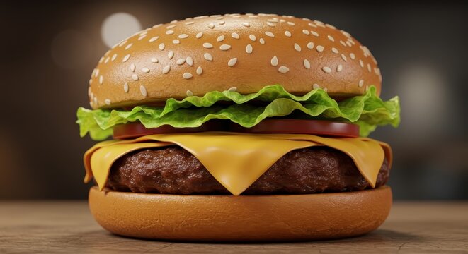 Flavorful cheeseburger creation showcasing rich textures and vibrant ingredients sits on a wooden surface