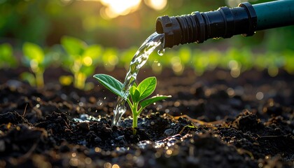 Watering a young plant in the garden with a hose.