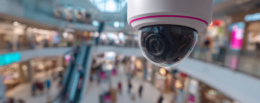 Security camera surveillance mall shopping retail crowd blur escalator ceiling modern watchful scene busy mall with security camera, surveillance