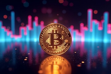 Golden Bitcoin coin on reflective surface, glowing charts behind. Futuristic crypto finance concept. Vibrant neon backdrop.