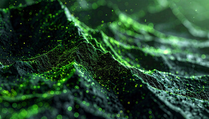 Abstract Mountain Landscape with Green Accents: An abstract representation of a mountain range, where peaks and valleys morph and shimmer. Dotted with vivid green accents.