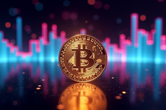 Golden Bitcoin coin on reflective surface, glowing charts behind. Futuristic crypto finance concept. Vibrant neon backdrop.