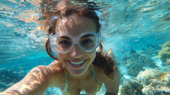 Underwater selfie smiling woman swim goggles snorkeling clear water coral reef tropical sea summer vacation marine life adventure