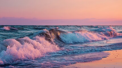 Ocean Waves Crashing at Sunset, Pink and Blue Tones