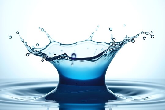 Blue water droplet splashes upward, creating crown-like spray against soft gradient background. Captured in slow motion detail.