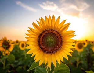 Obraz premium Large sunflower in full bloom, fields stretching to sunset horizon