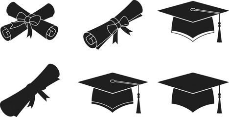 Graduation cap and diploma icon set, black and white line art, academic symbol, cad drawing, flat vector illustration