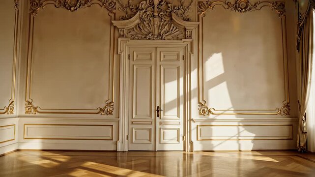 Luxurious interior design concept featuring a grandiose chandelier majestically hanging from the ceiling in an expansive room filled with natural light pouring in through multiple windows.