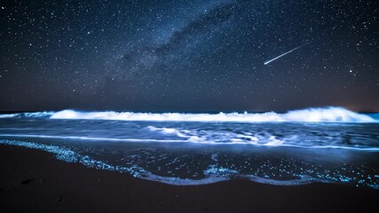 Ocean Waves Crashing on Shore Under Starry Night Sky With Shooting Star - Powered by Adobe