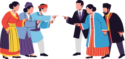 Diverse Group of People in Traditional and Business Attire Arguing and Pointing Fingers Accusatorily Against a White Background