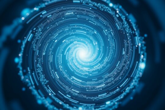Cybernetic spiral of glowing blue data streams, futuristic digital vortex radiating energy and motion in deep space.