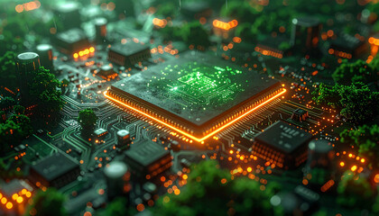 Obraz premium Tech-Nature Fusion: A stunning visual portrayal of a computer chip seamlessly integrated with lush greenery, symbolizing the convergence of technology and the environment.