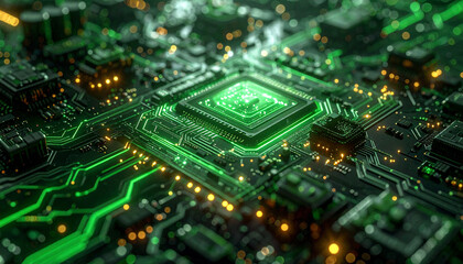 Digital Core: A captivating digital depiction of a microchip showcases intricate pathways and luminous circuits, symbolizing the core of technology.
