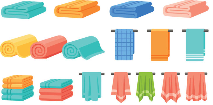 Collection of colorful bath and hand towels in various styles, including folded, rolled, and hanging, perfect for hygiene, spa, and home decor themes.