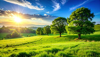 Vibrant Green Rolling Hills Under a Golden Sunlit Sky.