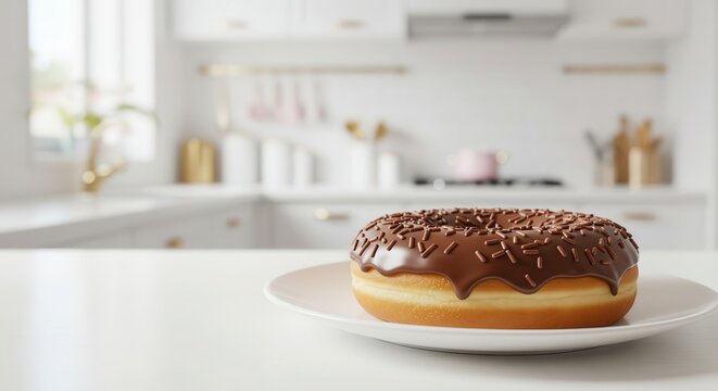 Rich chocolate glazed donut topped with sprinkles rests on a white plate in a bright kitchen setting