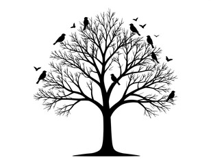Silhouette illustration of a bare tree with perched and flying birds