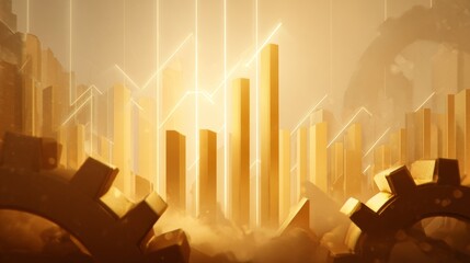Golden financial growth concept with bar chart rising among industrial gears, symbolizing success, progress and technology in business and investment strategy