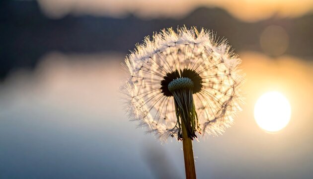 Close-up of a dandelion seed head against a blurred background of a lake and the setting sun, creating a warm, soft glow