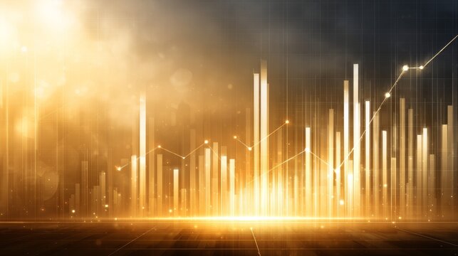 Golden glowing financial chart with rising bars and light beams symbolizing business growth, digital success, and futuristic economic performance visualization