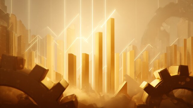 Golden financial growth concept with bar chart rising among industrial gears, symbolizing success, progress and technology in business and investment strategy
