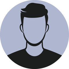 Male profile silhouette vector with dark hair and black t-shirt on light purple circle background