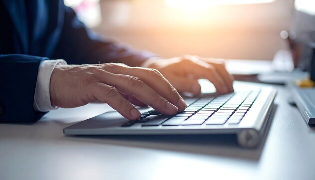 Close-up of hands typing on a modern keyboard, bathed in sunlight
