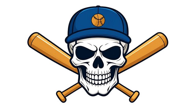 Skull wearing hat with baseball, crossed bats in the background - Powered by Adobe