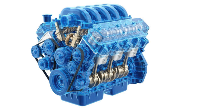 Blue transparent v8 engine with internal parts visible technology