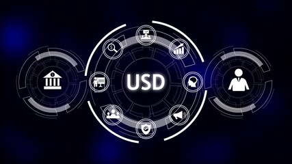 USD finance powers business growth. USD strategy strengthens global markets. Usd financial technology concept with icons representing banking investment growth analysis. - Powered by Adobe