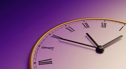 Close up of an analog timepiece face showing Roman numerals and hands against a gradient background