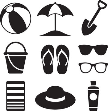 Black and White Silhouette Vector Set of 9 Beach Vacation Objects Beach Ball Umbrella Sand Bucket Shovel Flip Flops Sunglasses Towel Sun Hat Sunscreen