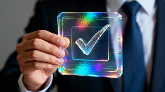 Businessman holographic checkmark glass hand suit tie business success approval digital validation colorful transparent badge conveying trust