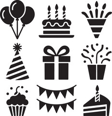 Black and White Silhouette Vector Set of 9 Birthday Party Objects Balloons Cake Candles Gift Box Party Hat Confetti Cupcake Bunting Banner Slice of Cake