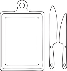 Kitchen cutting board and knives outline illustration for culinary art, cooking utensils, and food preparation design