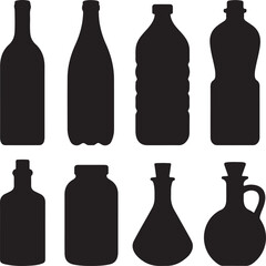 Black and White Silhouette Vector Set of 9 Bottle Shapes Wine Soda Milk Perfume Water Oil Glass Jar Potion Flask