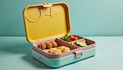 Colorful lunch box filled with healthy snacks and veggies on a pastel background